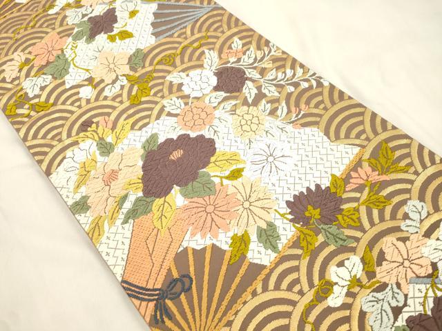平和屋着物●西陣 河合美術織物謹製 六通柄袋帯 唐織 能衣錦 扇面草花文 金糸 正絹 逸品 CABM7605dy