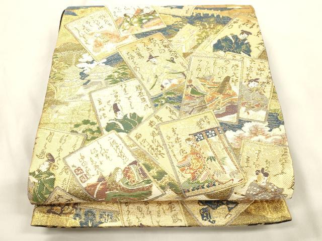 平和屋着物●両面 六通柄袋帯 琳派宗達松図 平安百人一首 金糸 正絹 逸品 未使用 CABM7615dy