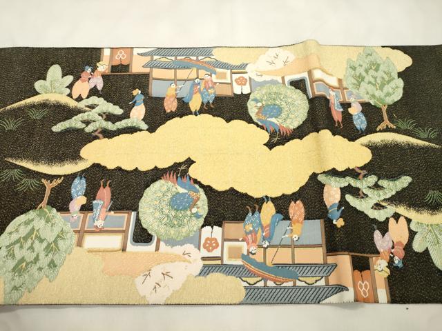 平和屋着物●爪掻き本綴れ 六通柄袋帯 作家物 風景文 黒地 金銀糸 正絹 逸品 CABM7717dy