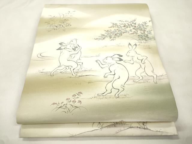 平和屋着物●全通柄袋帯 手描き 紬地 鳥獣戯画 正絹 逸品 CABM7727dy