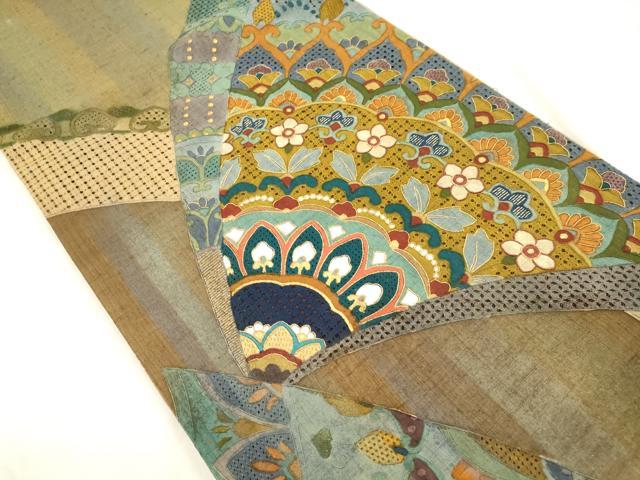 平和屋着物●中国三大刺繍 スワトウ刺繍 総刺繍 袋帯 紬地 幾何学花文 金糸 正絹 逸品 CABM7789dy
