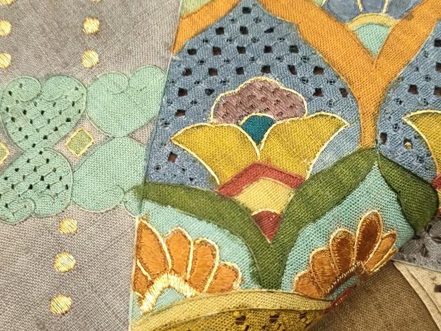 平和屋着物●中国三大刺繍 スワトウ刺繍 総刺繍 袋帯 紬地 幾何学花文 金糸 正絹 逸品 CABM7789dy