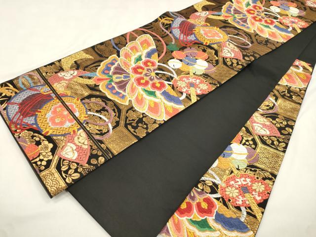 平和屋着物●六通柄袋帯 唐織 玩具文 黒地 金銀糸 正絹 逸品 CABM7798dy