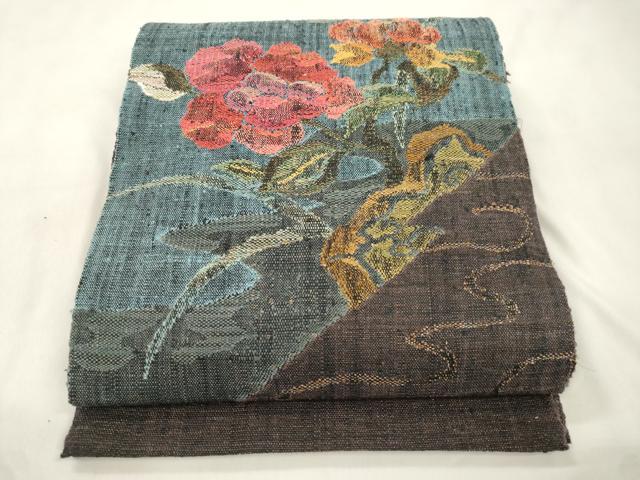 平和屋着物●八寸名古屋帯 紬地 草花文 正絹 逸品 CABM7869dy
