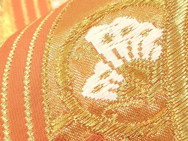 平和屋着物●西陣 河合美術織物謹製 六通柄袋帯 尾長鳥花蝶文 金糸 三越扱い 正絹 逸品 CABM7882dy