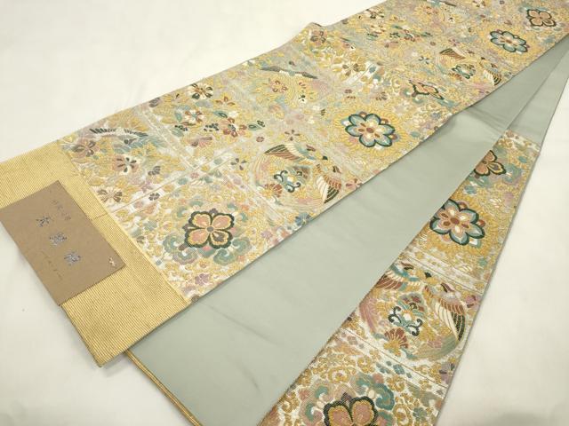 平和屋着物●六通柄袋帯 天鵞絨 金華山織 尾長鳥花文 金銀糸 正絹 逸品 CABM7960dy