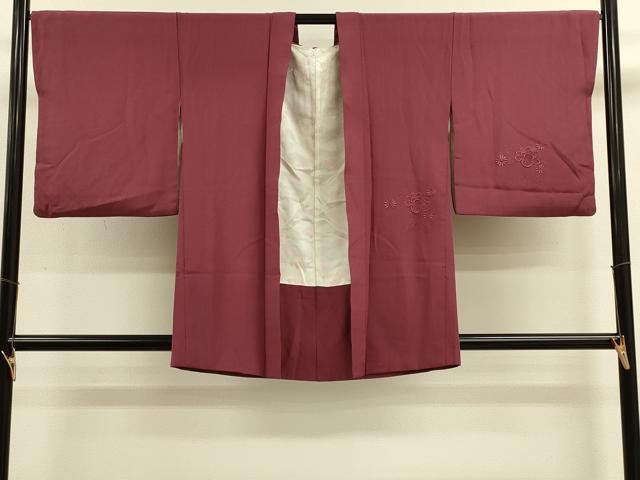 平和屋着物#中国三大刺繍 スワトウ刺繍 総刺繍 羽織 色無地 草花地紋 暗紅色 正絹 逸品 CABM8037in