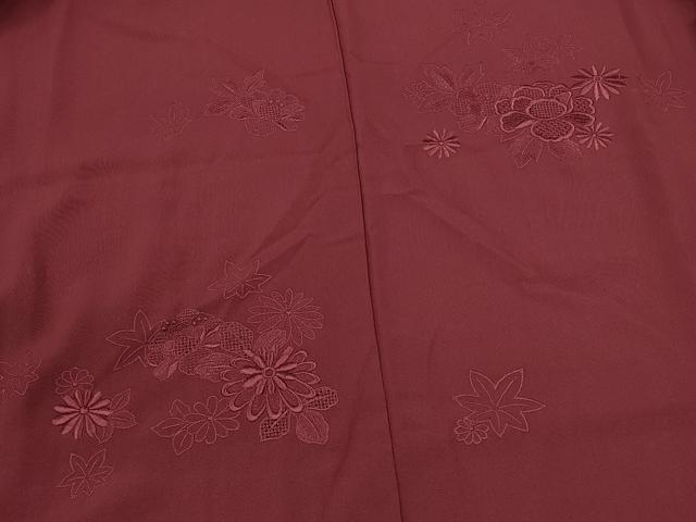 平和屋着物#中国三大刺繍 スワトウ刺繍 総刺繍 羽織 色無地 草花地紋 暗紅色 正絹 逸品 CABM8037in