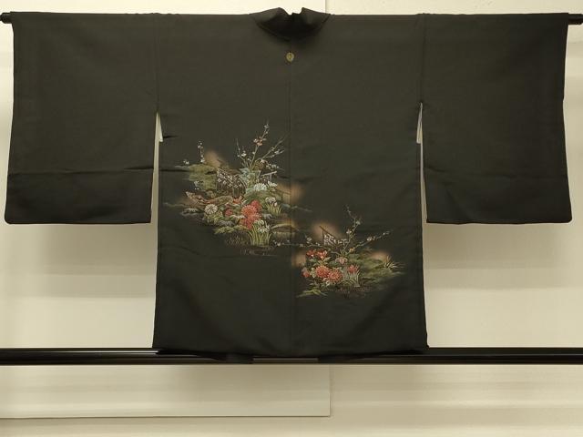 平和屋着物#羽織 寿光織 風景流水花文 黒地 金銀糸 正絹 逸品 CABM8105in