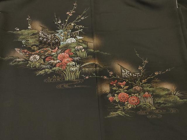 平和屋着物#羽織 寿光織 風景流水花文 黒地 金銀糸 正絹 逸品 CABM8105in