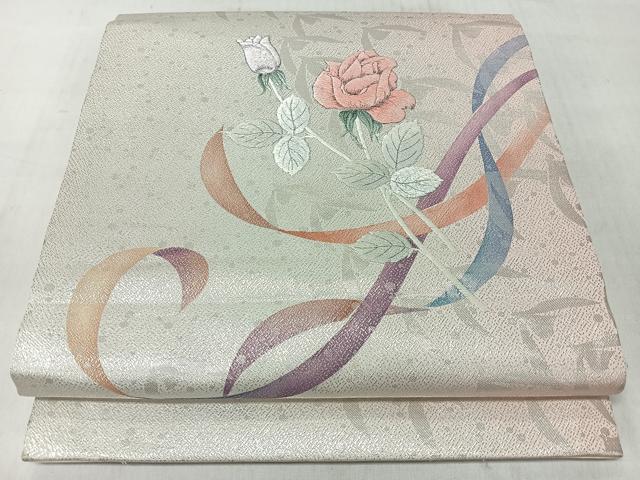 平和屋着物◎九寸開き名古屋帯 刺繍 枝花文 銀糸 正絹 逸品 CABM8433nb