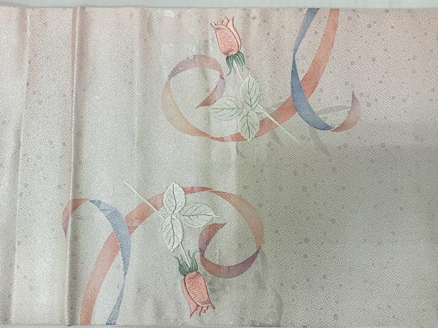 平和屋着物◎九寸開き名古屋帯 刺繍 枝花文 銀糸 正絹 逸品 CABM8433nb