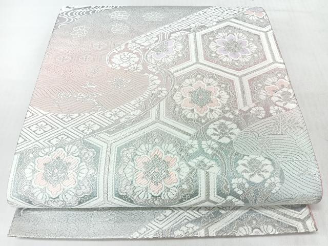 平和屋着物◎六通柄袋帯 流水亀甲更紗花文 銀糸 正絹 逸品 CABM8435nb