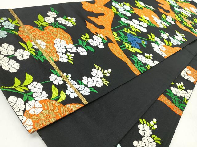 平和屋着物◎六通柄袋帯 草花文 黒地 金糸 正絹 逸品 CABM8448nb