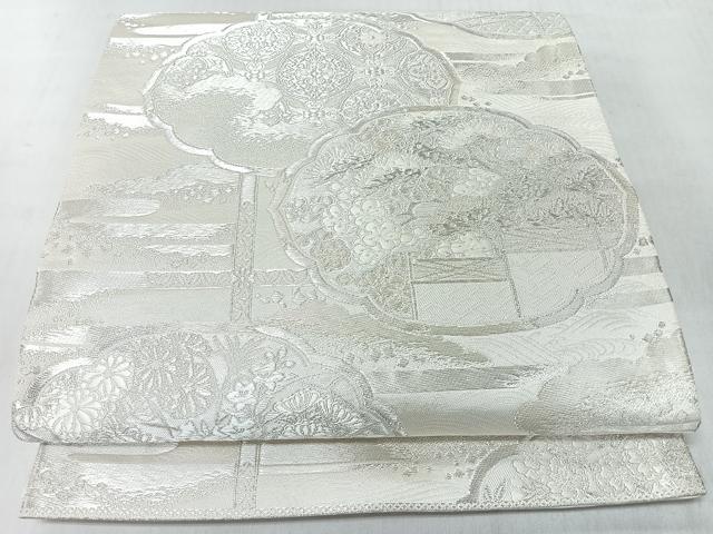 平和屋着物◎六通柄袋帯 雲取り草花文 銀糸 正絹 逸品 CABM8449nb