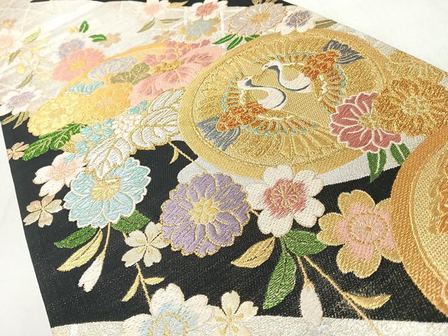 平和屋着物◎六通柄袋帯 向かい鳥草花丸も 黒地 金銀糸 正絹 逸品 CABM8455nb