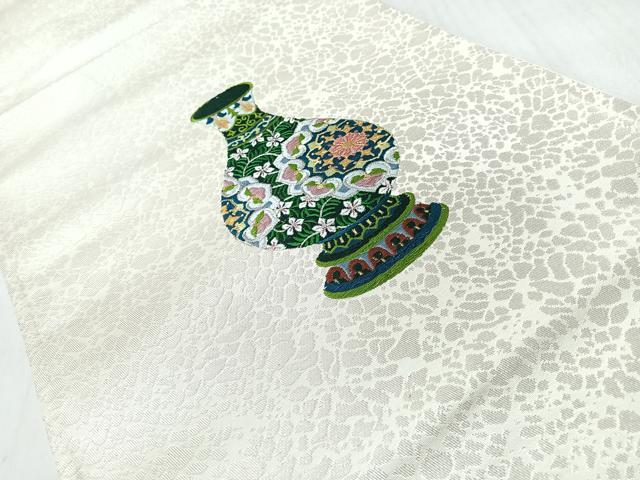 平和屋着物◎太鼓柄袋帯 総刺繍 陶器文 銀糸 正絹 逸品 CABM8491nb