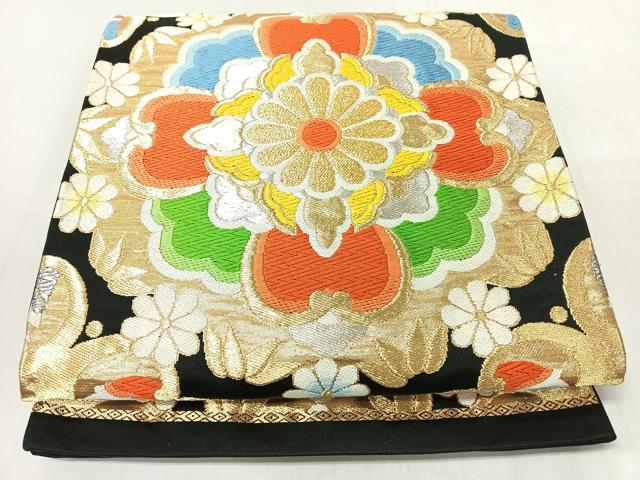 平和屋着物◎六通柄袋帯 正倉院花文 黒地 金銀糸 正絹 逸品 CABM8497nb