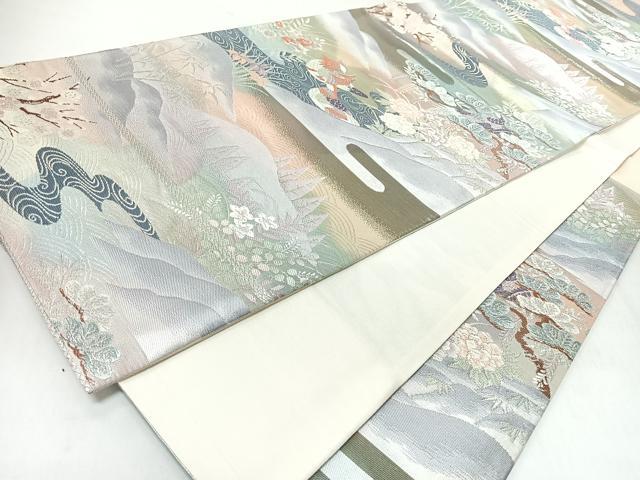 平和屋着物◎六通柄袋帯 プラチナ純銀箔二重織 流水鴛鴦草花文 正絹 逸品 CABM8509nb