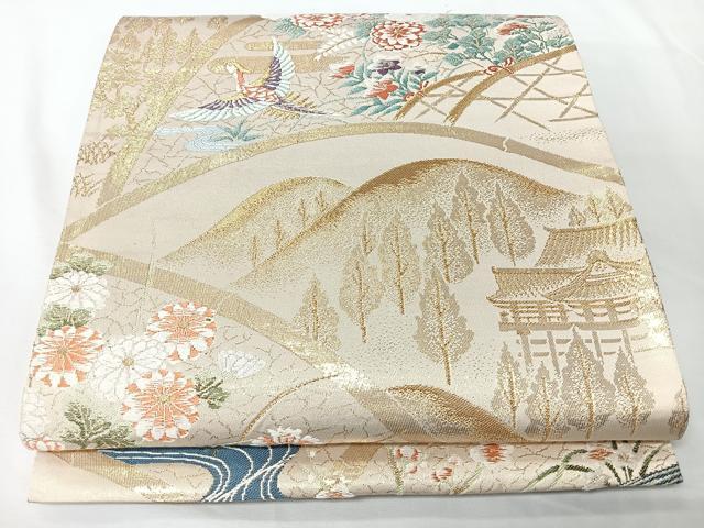 平和屋着物◎六通柄袋帯 風景文 鳳凰 金糸 正絹 逸品 CABM8540nb