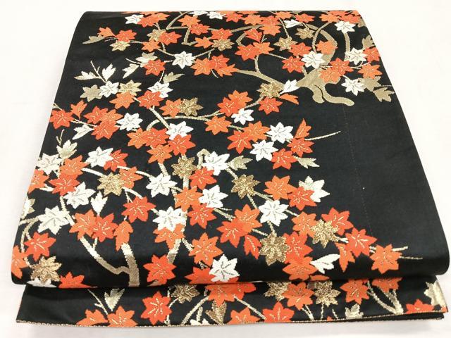 平和屋着物◎六通柄袋帯 紅葉 黒地 金糸 正絹 逸品 CABM8581nb