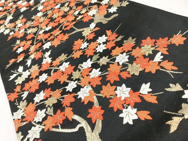平和屋着物◎六通柄袋帯 紅葉 黒地 金糸 正絹 逸品 CABM8581nb