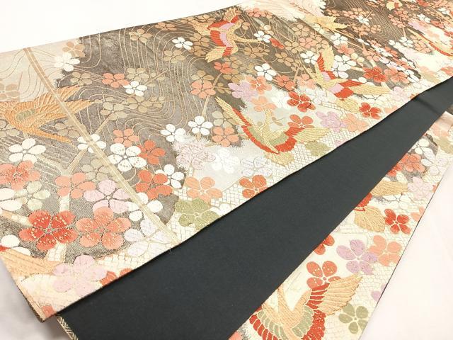 平和屋着物◎六通柄袋帯 唐織 流水草花飛鶴文 金糸 正絹 逸品 CABM8602nb