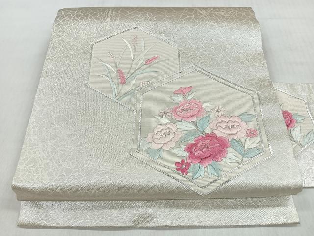 平和屋着物◎九寸名古屋帯 総刺繍 駒刺繍 草花文 銀糸 正絹 逸品 CABM8621nb
