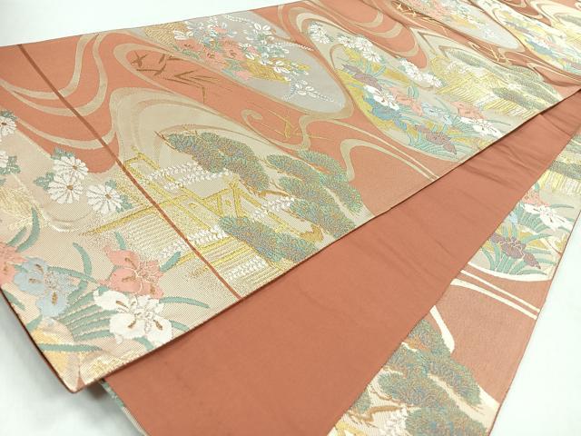 平和屋着物◎六通柄袋帯 風景草花文 金糸 正絹 逸品 CABM8628nb
