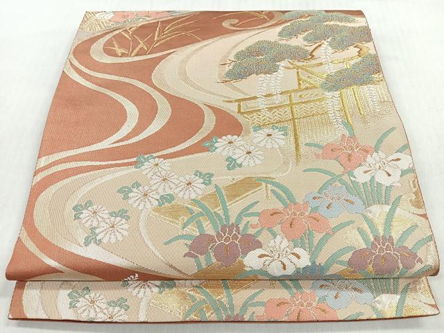 平和屋着物◎六通柄袋帯 風景草花文 金糸 正絹 逸品 CABM8628nb
