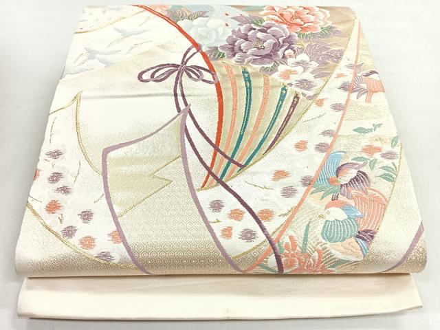 平和屋着物◎六通柄袋帯 唐織 扇緬孔雀文 金糸 正絹 逸品 CABM8655nb