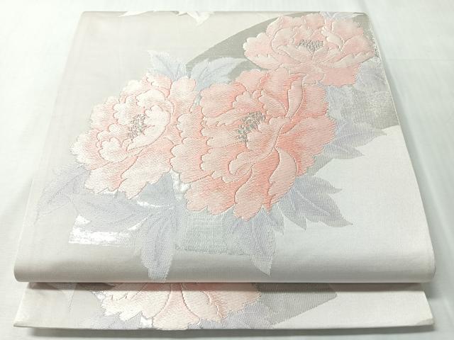 平和屋着物◎六通柄袋帯 唐織 地紙牡丹文 銀糸 正絹 逸品 CABM8662nb