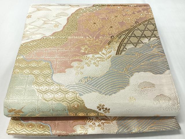 平和屋着物◎六通柄袋帯 流水草花飛鳥文 金糸 正絹 逸品 CABM8666nb