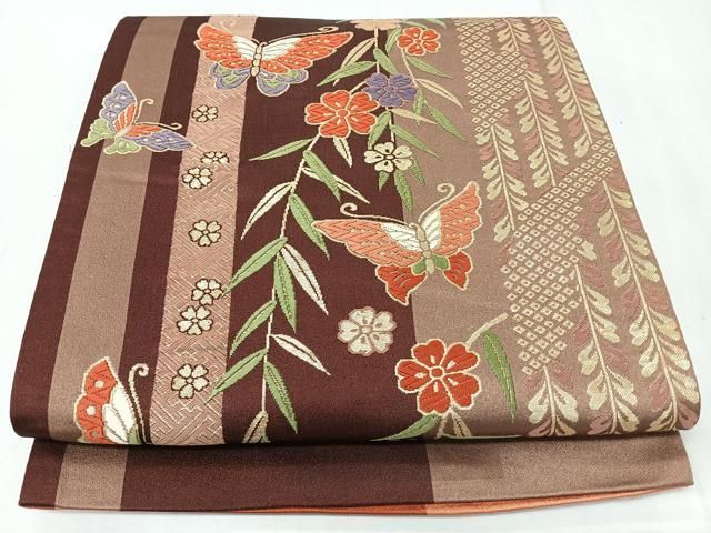 平和屋着物◎六通柄袋帯 唐織 花蝶文 金糸 正絹 逸品 CABM8711nb