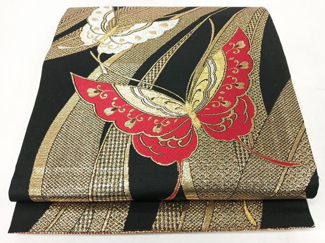 平和屋着物◎全通柄袋帯 舞蝶文 黒地 金銀糸 正絹 逸品 未使用 CABM8731nb