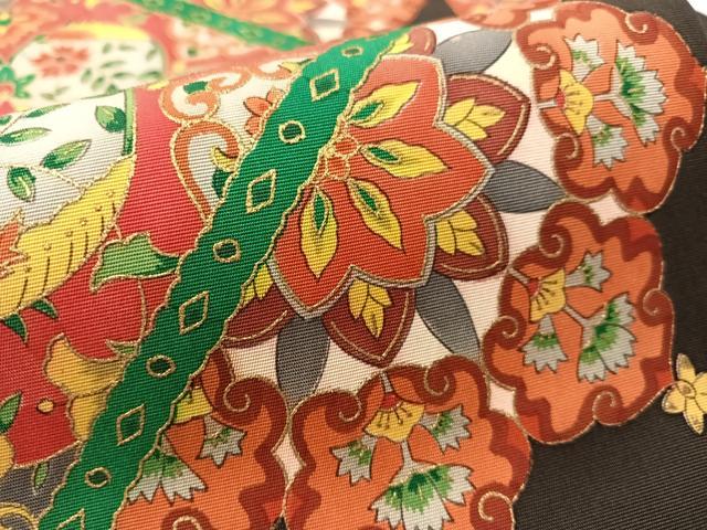 平和屋着物●塩瀬 九寸名古屋帯 花唐草菱文 黒地 金彩 正絹 逸品 CABM8803vp