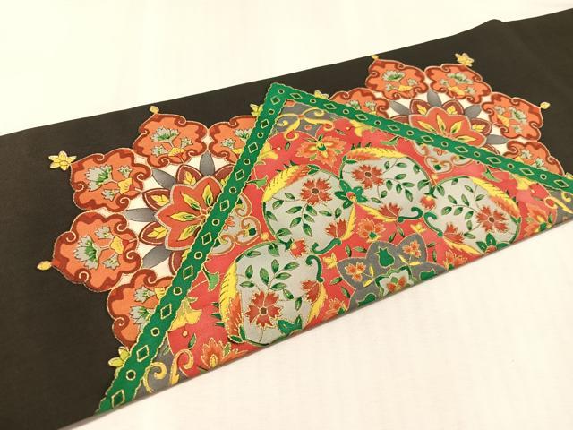 平和屋着物●塩瀬 九寸名古屋帯 花唐草菱文 黒地 金彩 正絹 逸品 CABM8803vp