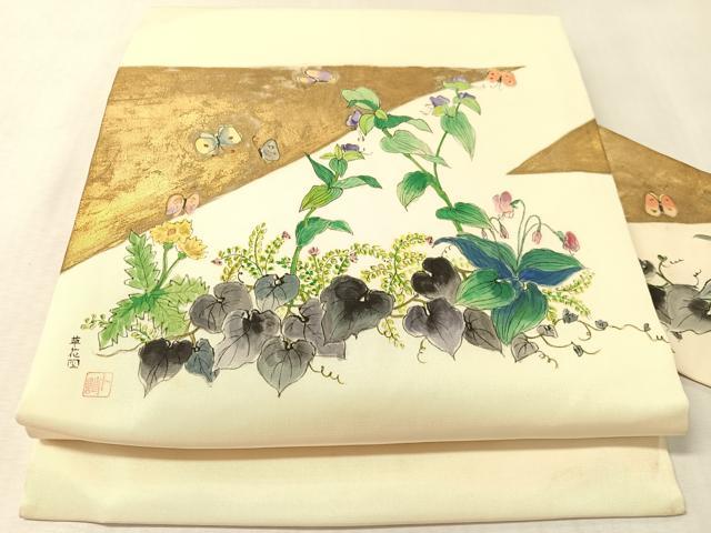 平和屋着物●塩瀬 九寸名古屋帯 作家物 手描き 草花図 金彩 正絹 逸品 CABM8805vp