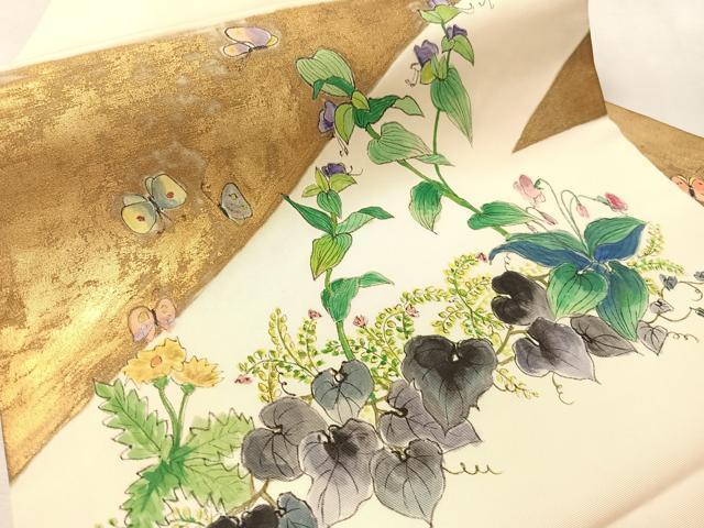 平和屋着物●塩瀬 九寸名古屋帯 作家物 手描き 草花図 金彩 正絹 逸品 CABM8805vp