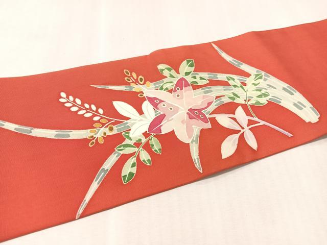 平和屋着物●塩瀬 九寸名古屋帯 草花文 正絹 逸品 CABM8806vp