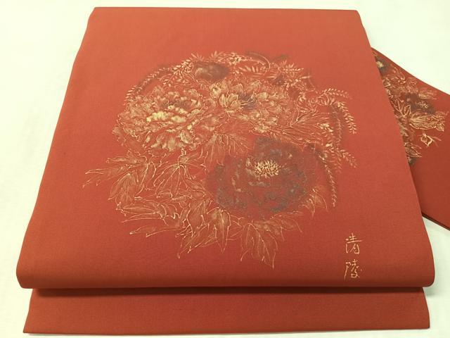 平和屋着物●塩瀬 九寸名古屋帯 作家物 牡丹丸文 紅海老茶色 金彩 正絹 逸品 CABM8811vp