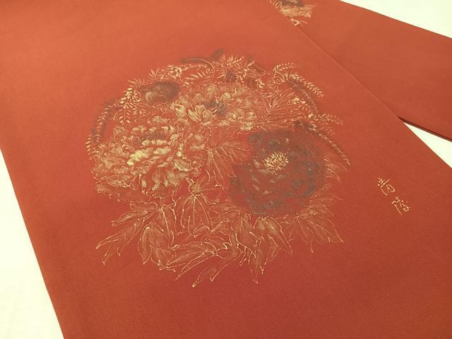 平和屋着物●塩瀬 九寸名古屋帯 作家物 牡丹丸文 紅海老茶色 金彩 正絹 逸品 CABM8811vp