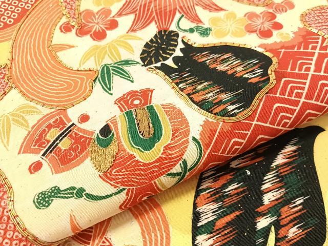 平和屋着物●アンティーク 大正ロマン 九寸名古屋帯 駒刺繍 宝尽し花文 金銀彩 正絹 逸品 CABM8813vp