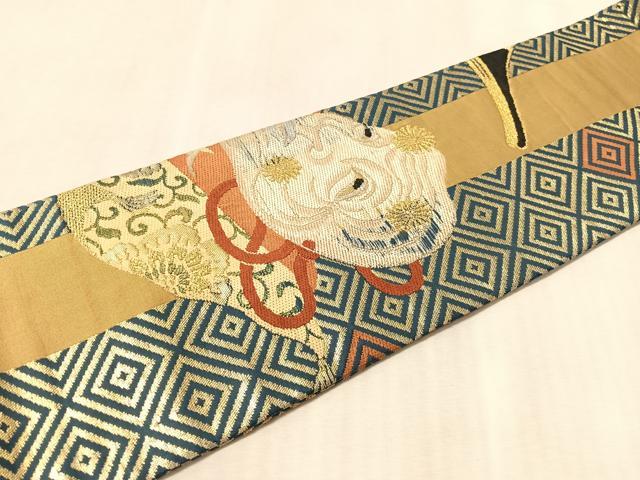 平和屋着物●アンティーク 大正ロマン 九寸名古屋帯 能面 翁 金銀糸 正絹 逸品 CABM8814vp