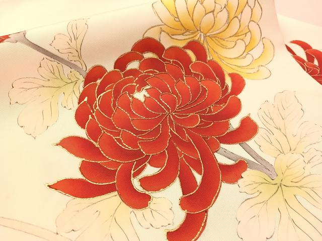 平和屋着物●塩瀬 九寸名古屋帯 手描き 駒刺繍 乱菊 金彩 正絹 逸品 CABM8816vp