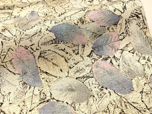 平和屋着物●全通柄袋帯 捩り生芭蕉布 葉尽くし 金糸 銀彩 証紙付き 正絹 逸品 未使用 CABM8852vp