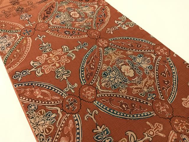 平和屋着物●六通柄袋帯 紬地 型染め 七宝花文 正絹 逸品 CABM8875vp