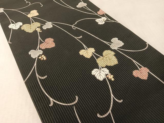 平和屋着物●全通柄袋帯 蔦の葉文 黒地 金彩 正絹 逸品 CABM8900vp
