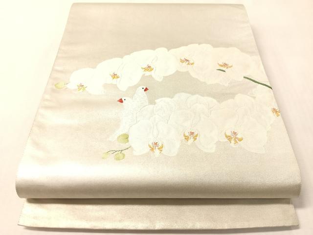 平和屋着物●「美しいキモノ」お馴染みのメーカー となみ織物 加倉井和夫 太鼓柄袋帯 胡蝶蘭 双鳥文 銀彩 正絹 逸品 CABM8918vp