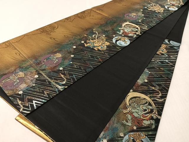 平和屋着物●六通柄袋帯 風神雷神 黒地 金糸 引箔 正絹 逸品 CABM8919vp